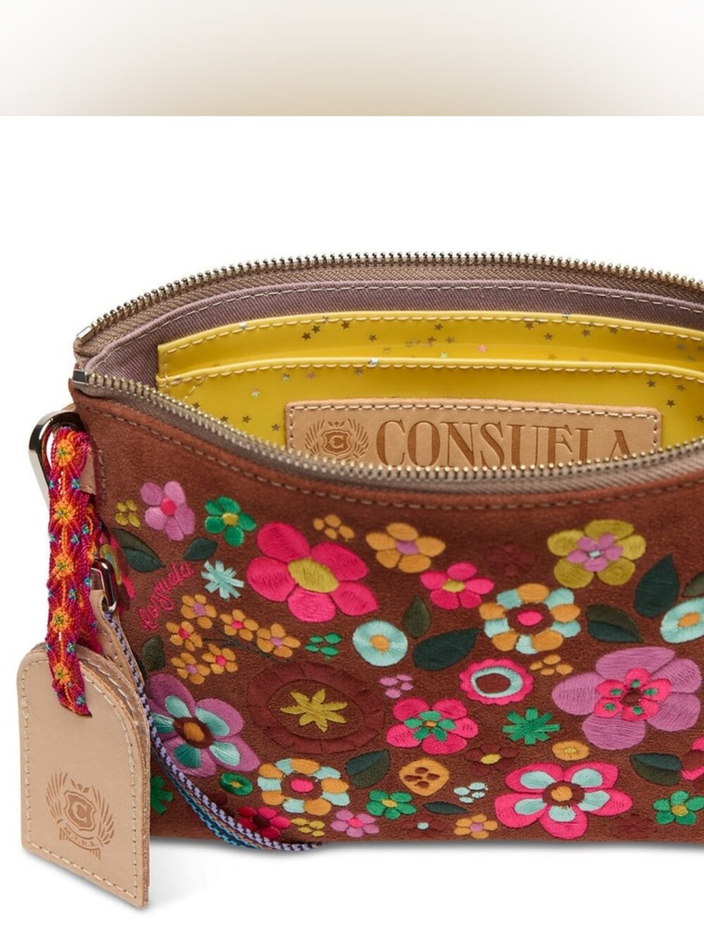 CONSUELA Suede Sienna Midtown Crossbody with Multicolor Floral Embroidery NWOT - Picture 6 of 16